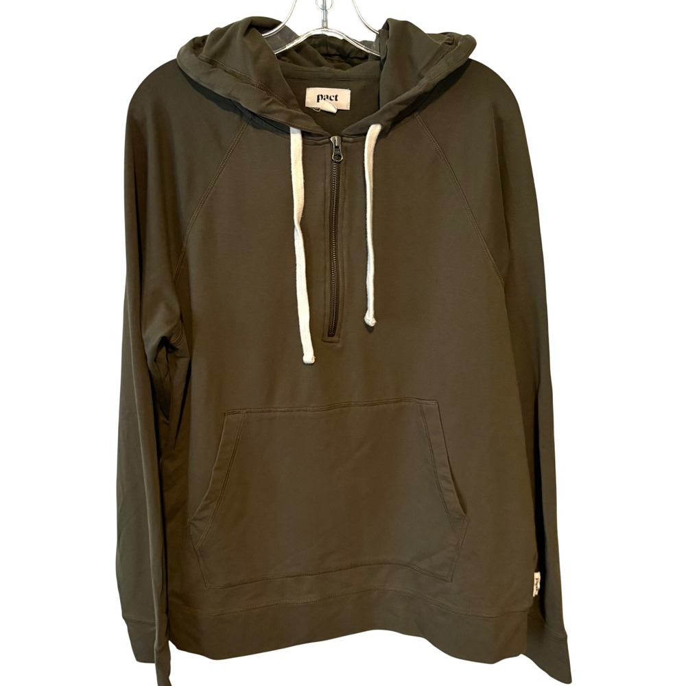 Pact Men's Olive‎ Organic Cotton Hoodie Popover Quarter Zip in Size L